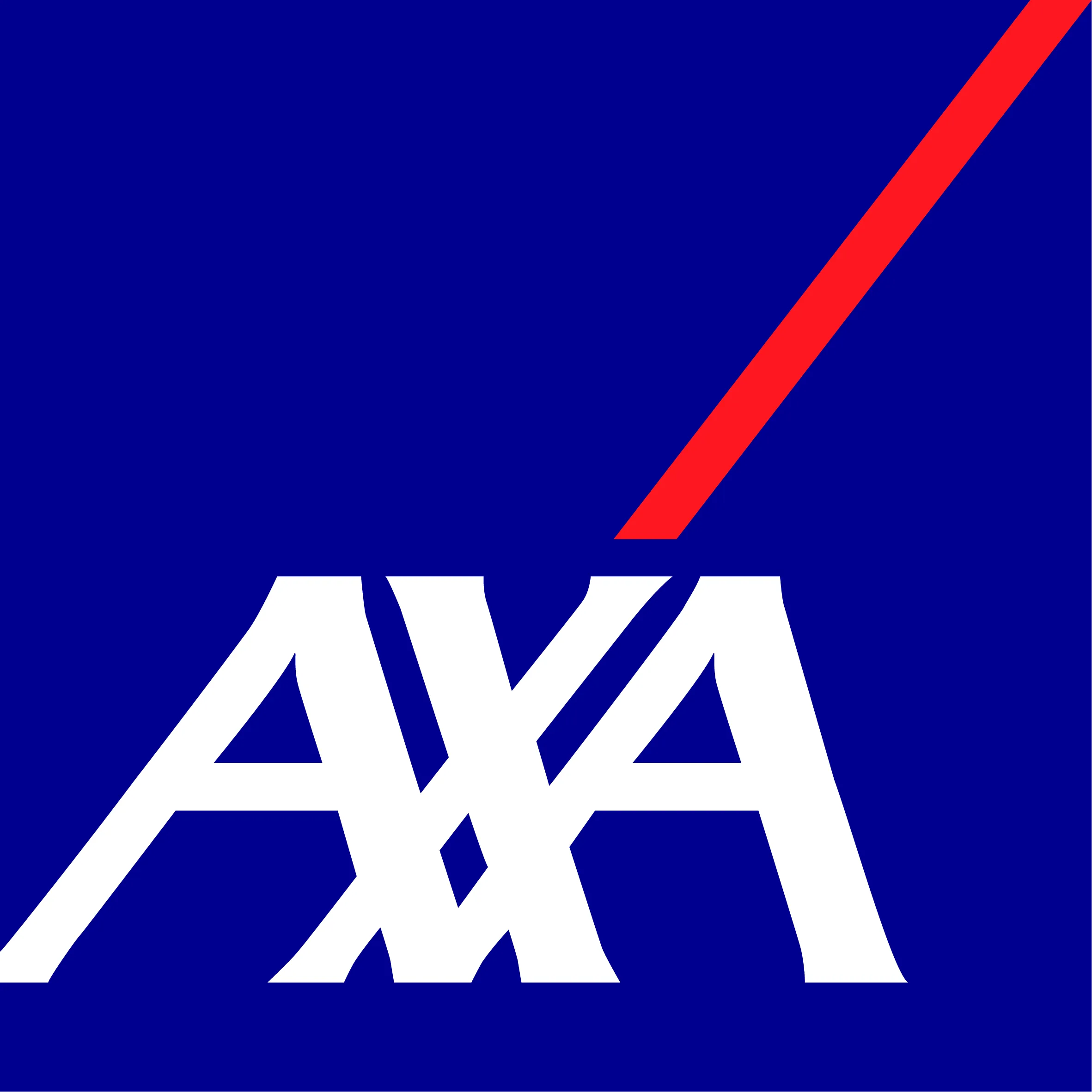 Logo AXA blanc sur fond bleu avec un trait diagonal rouge