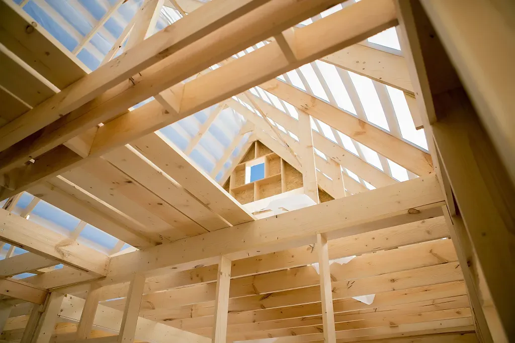 Pose d’une charpente neuve en bois vue depuis l’intérieur