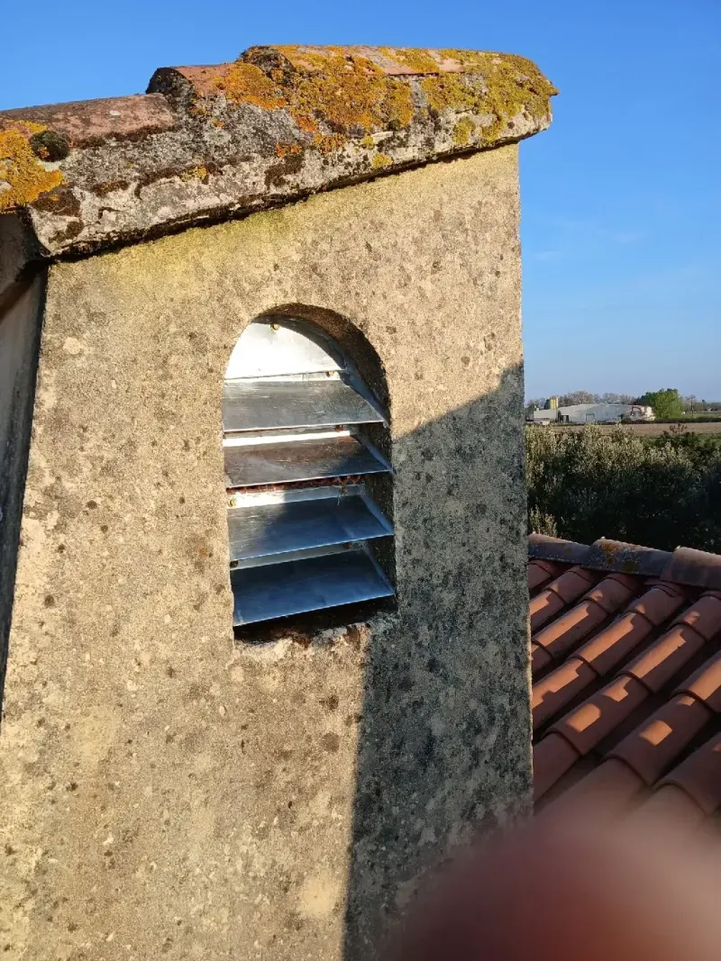 Souche de cheminée ancienne équipée d’une grille métallique au-dessus d’une toiture en tuiles